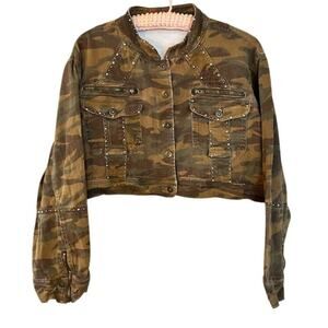 Vintage Y2K Vega Jeans Studded Camouflage Bolero Cropped Jean Jacket, Large